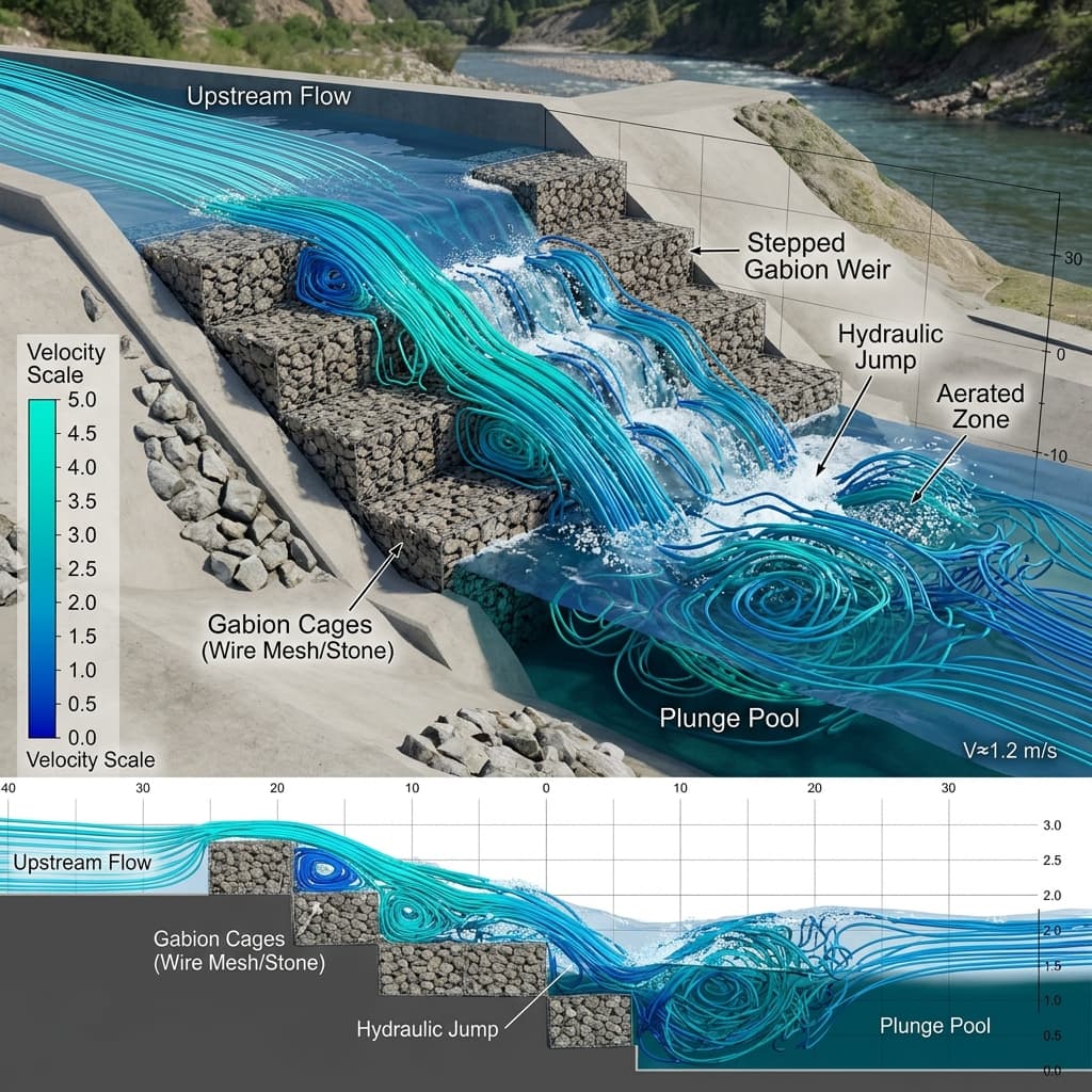 Flow over geosynthetic gabion weir